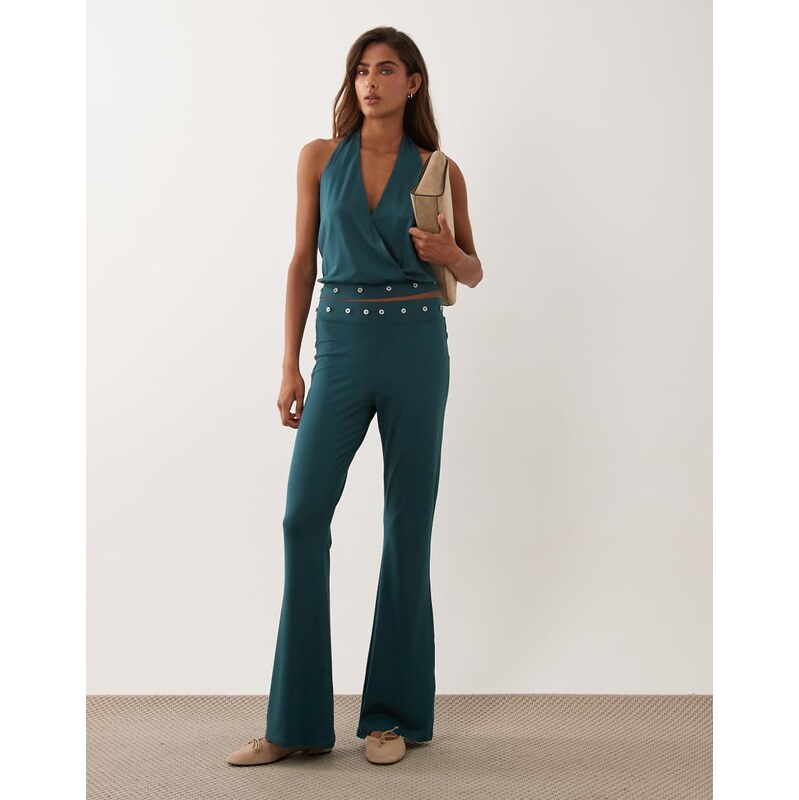 ASOS DESIGN modal stud detail flare trouser co-ord in ecru-White