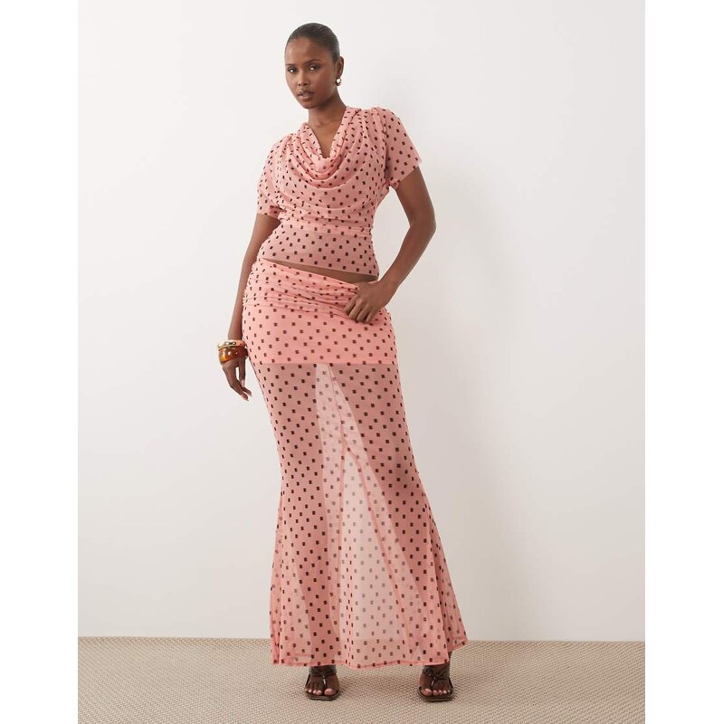 ASOS DESIGN printed mesh co-ord maxi skirt in coral geometric