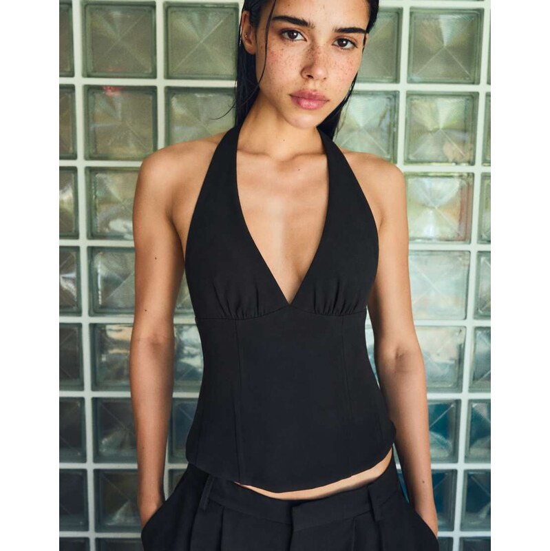 Bershka Structured halter top with ties in black