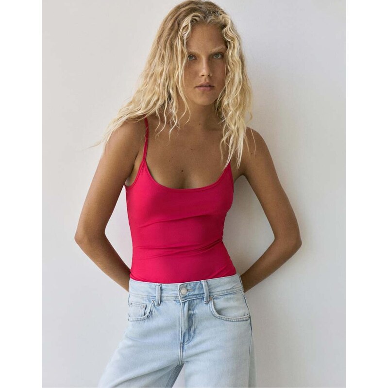 Pull&Bear Polyamide bodysuit with thin straps in raspberry-Pink