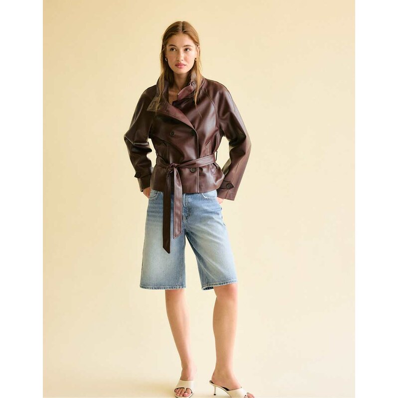 Stradivarius High neck leather effect trench coat in brown