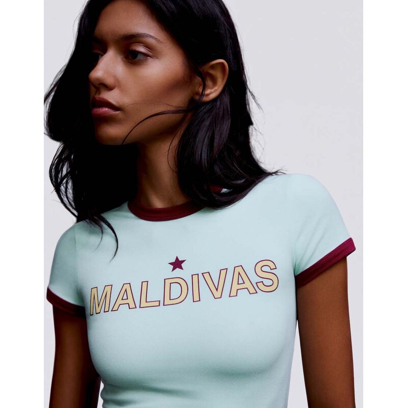 Bershka Contrast print fitted t-shirt in denim blue