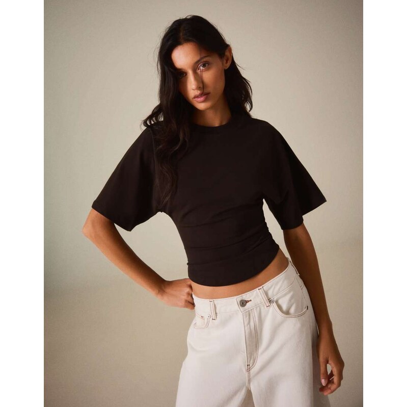 Bershka Short-sleeved corset t-shirt in brown