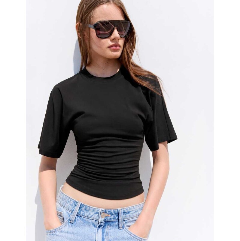 Bershka Short-sleeved corset t-shirt in black