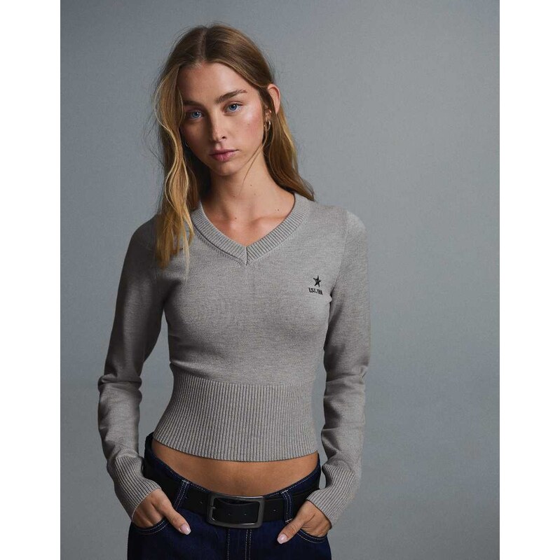 Bershka Embroidered v-neck jumper in grey