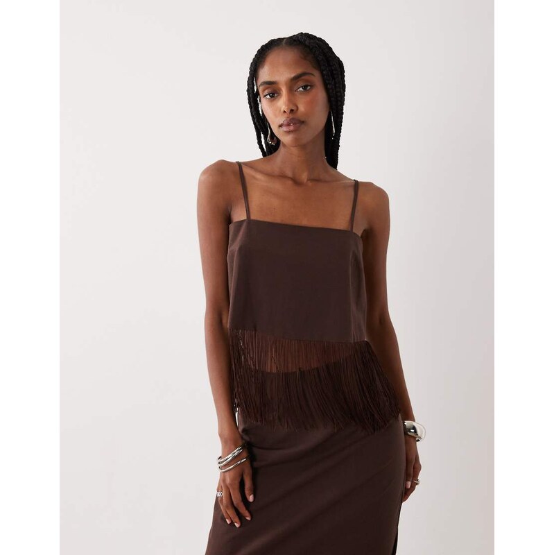 ASOS DESIGN linen blend fringe cami top in chocolate co ord