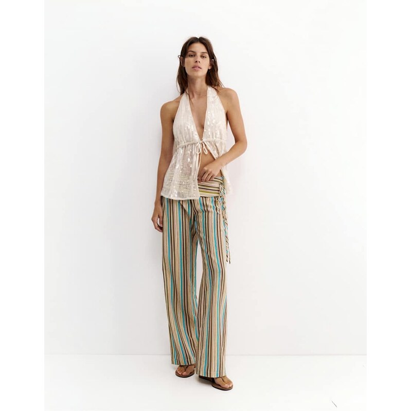 Pull&Bear Striped tie-waist trousers in green