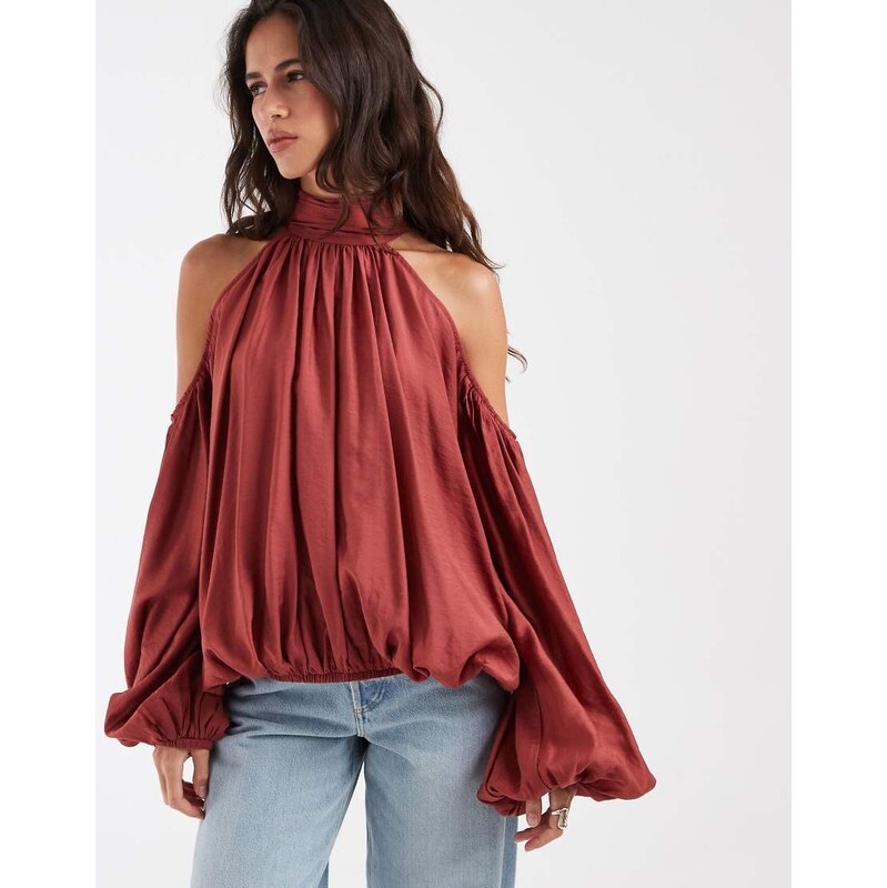 ASOS DESIGN halterneck cold shoulder volume blouse in dusky pink