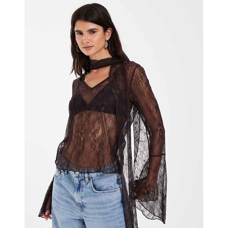 Noisy May lace blouse with scarf in brown