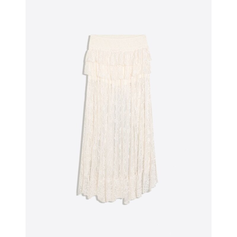 Bershka Asymmetric lace midi skirt in white