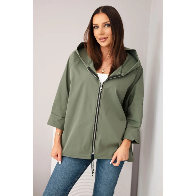 K-Fashion Dámská jarní bunda s kapucí a stahováním khaki