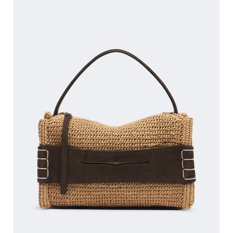 JW Anderson Loafer Small suede-trimmed raffia top-handle bag
