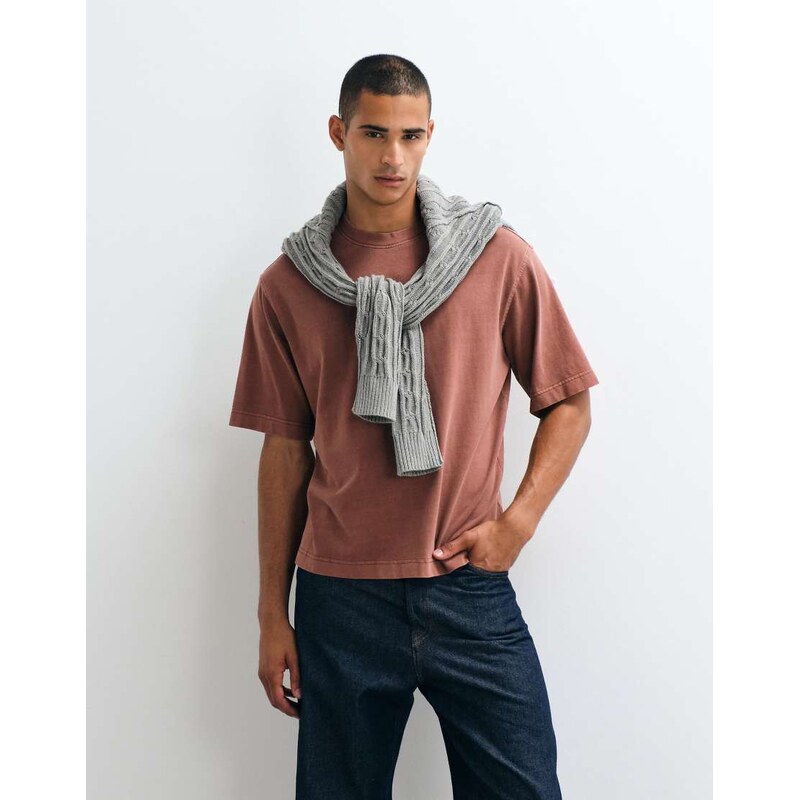 Selected heavyweight washed t-shirt in rust-Red