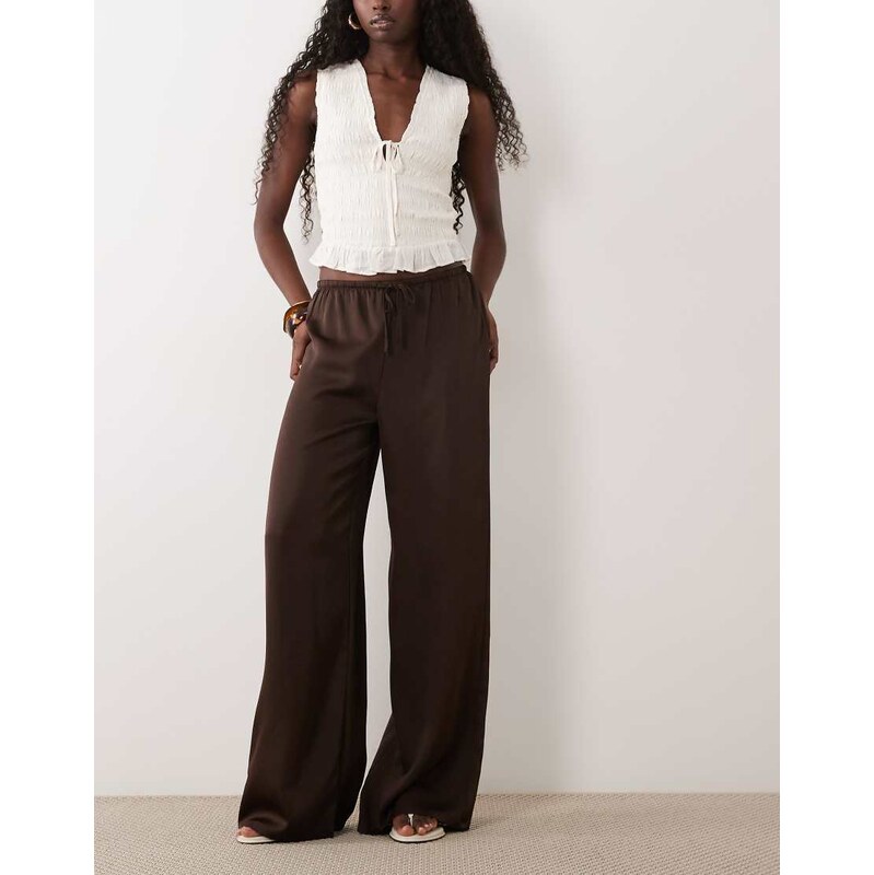 Vila tie waist wide leg satin trousers in chocolate brown