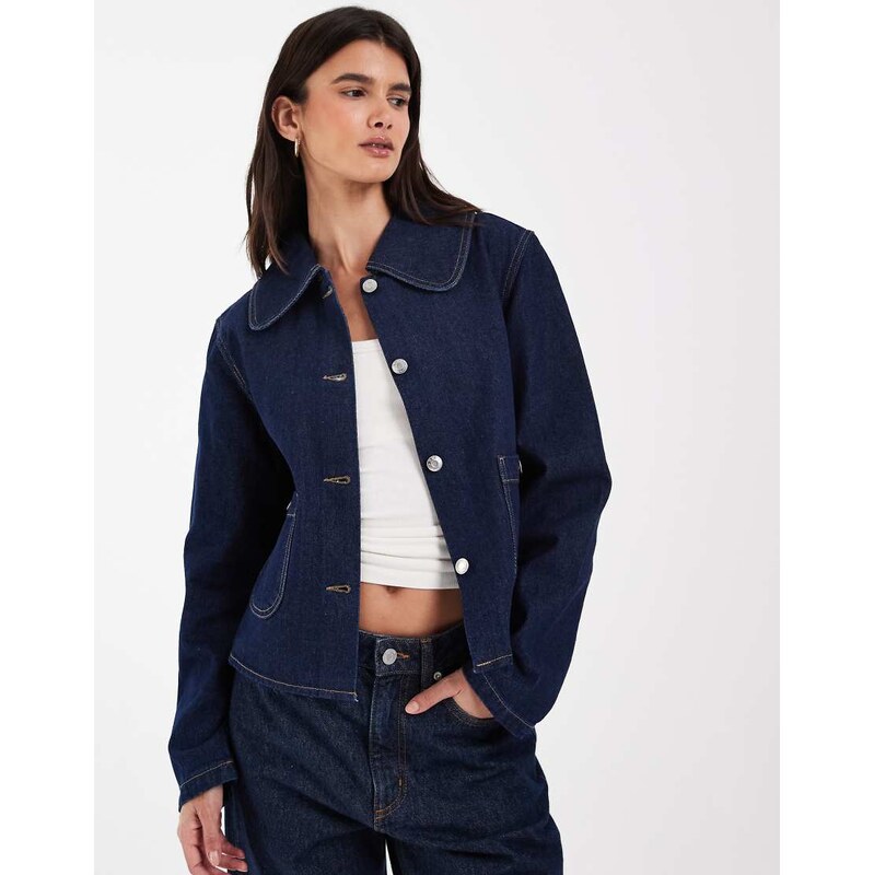 ONLY denim jacket with oversized collar in dark blue