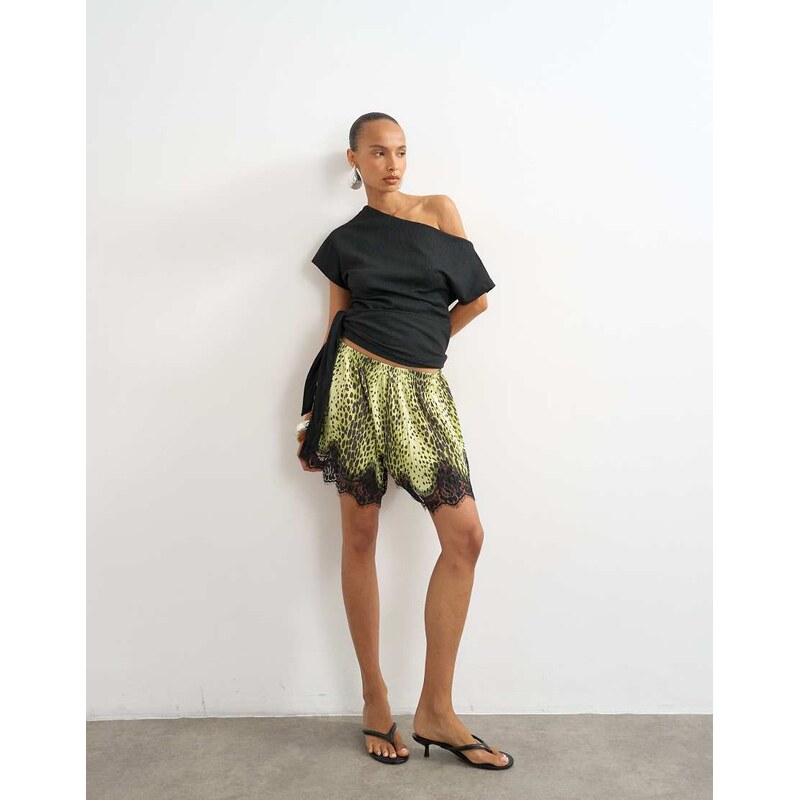 Topshop crinkle off shoulder tie front top in black