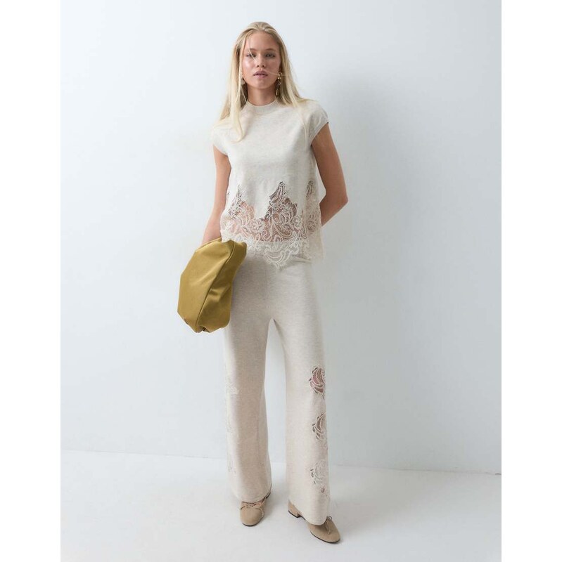 ASOS DESIGN compact knit lace trim trouser co-ord in oatmeal