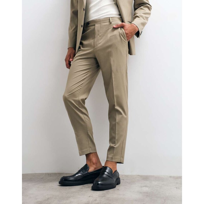 ASOS DESIGN tapered suit trousers in khaki pinstripe-Green