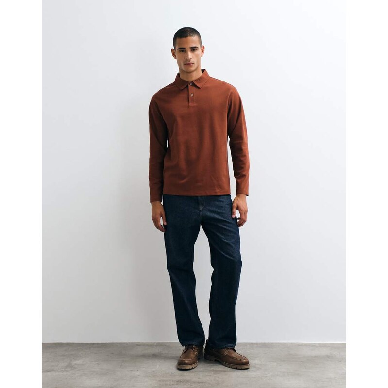 Selected waffle long sleeve polo in rust-Red