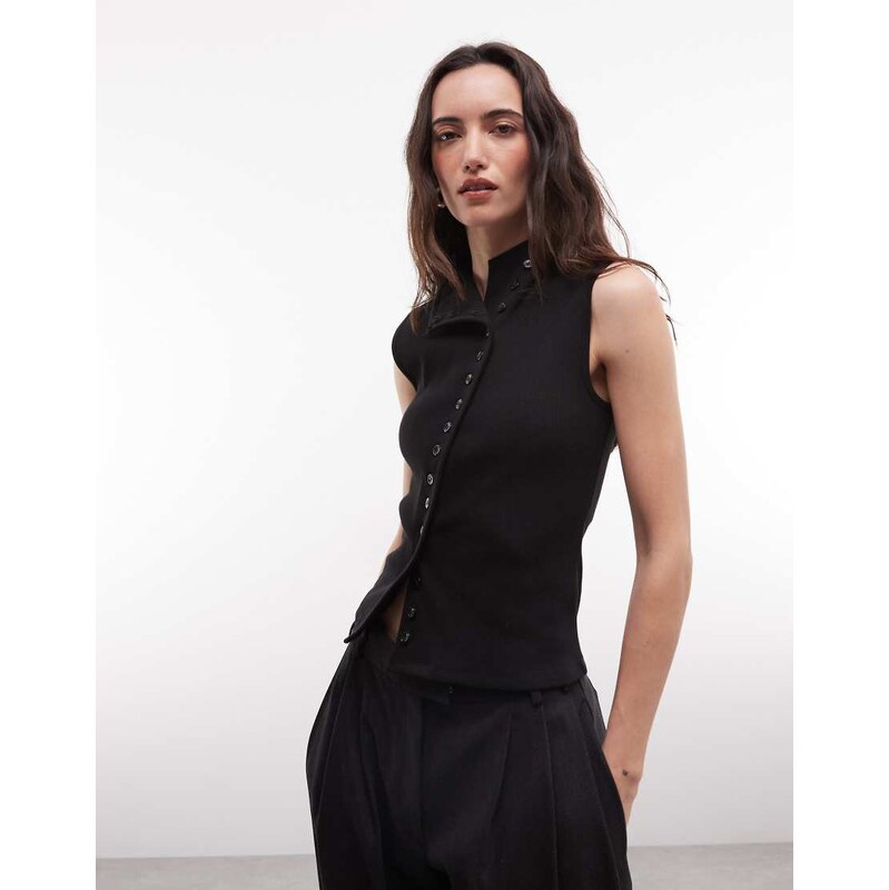 Weekday asymmetric button down mock neck top in black