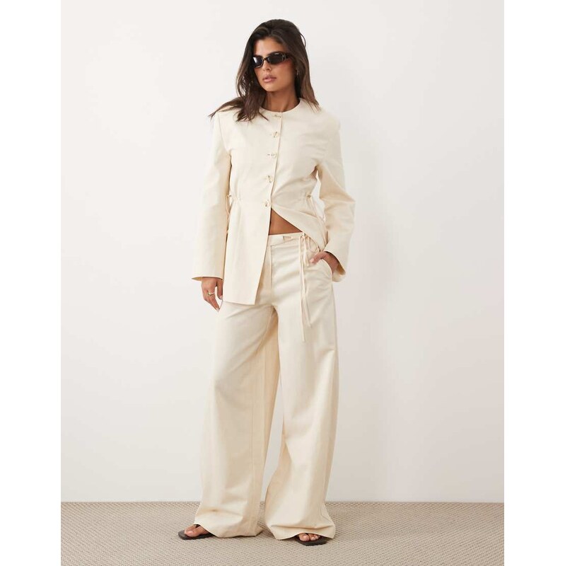 ASOS DESIGN tie waist trouser in cream co-ord-White