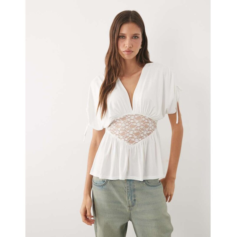 Miss Selfridge v-neck gathered top with lace waist trim in cream