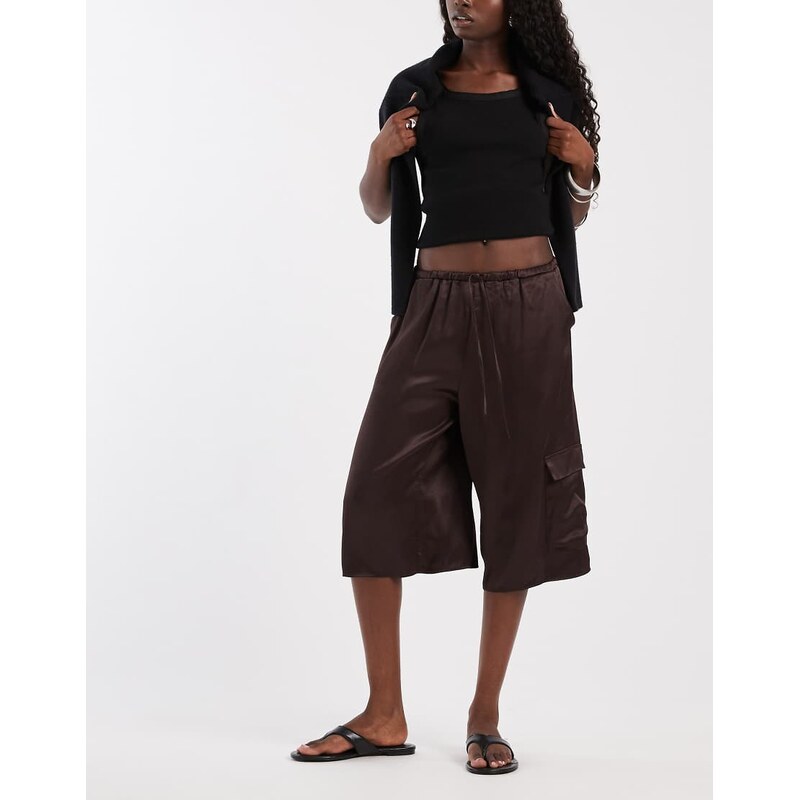 ASOS DESIGN satin bermuda cargo shorts in chocolate-Brown