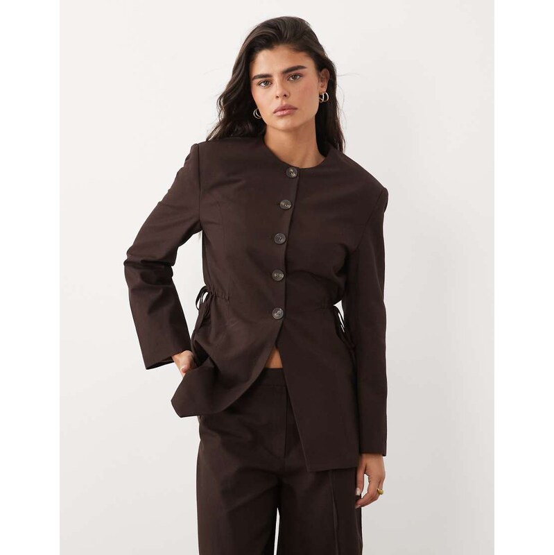 ASOS DESIGN linen tie side blazer in chocolate co-ord-Brown