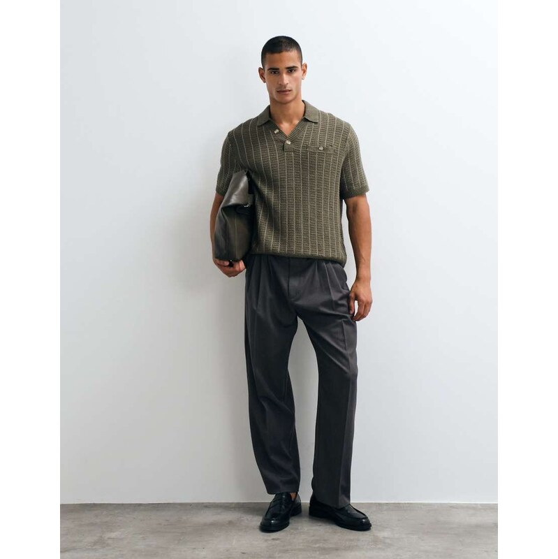 Abercrombie & Fitch knitted button up polo in khaki-Green