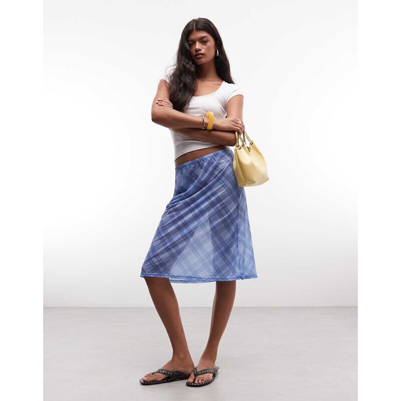 Reclaimed vintage awkard length slip skirt in check-Blue