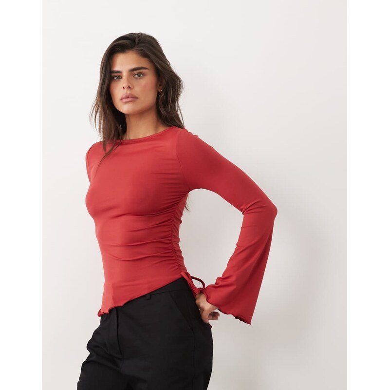 ASOS DESIGN drawstring detail top with flute sleeve in burgundy