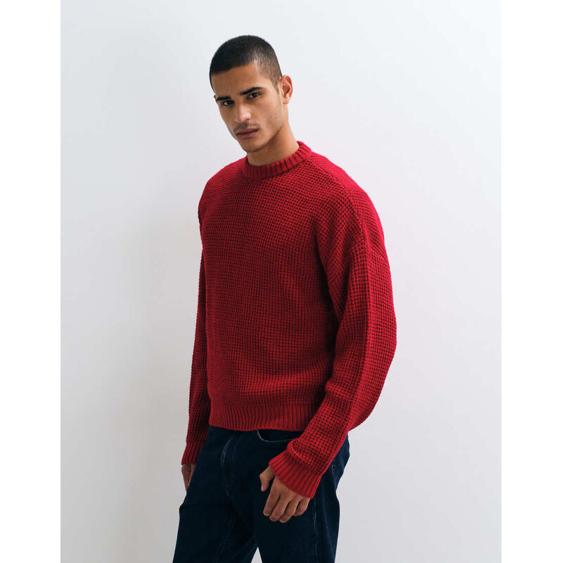 ASOS DESIGN oversized chunky waffle knitted jumper in burgundy