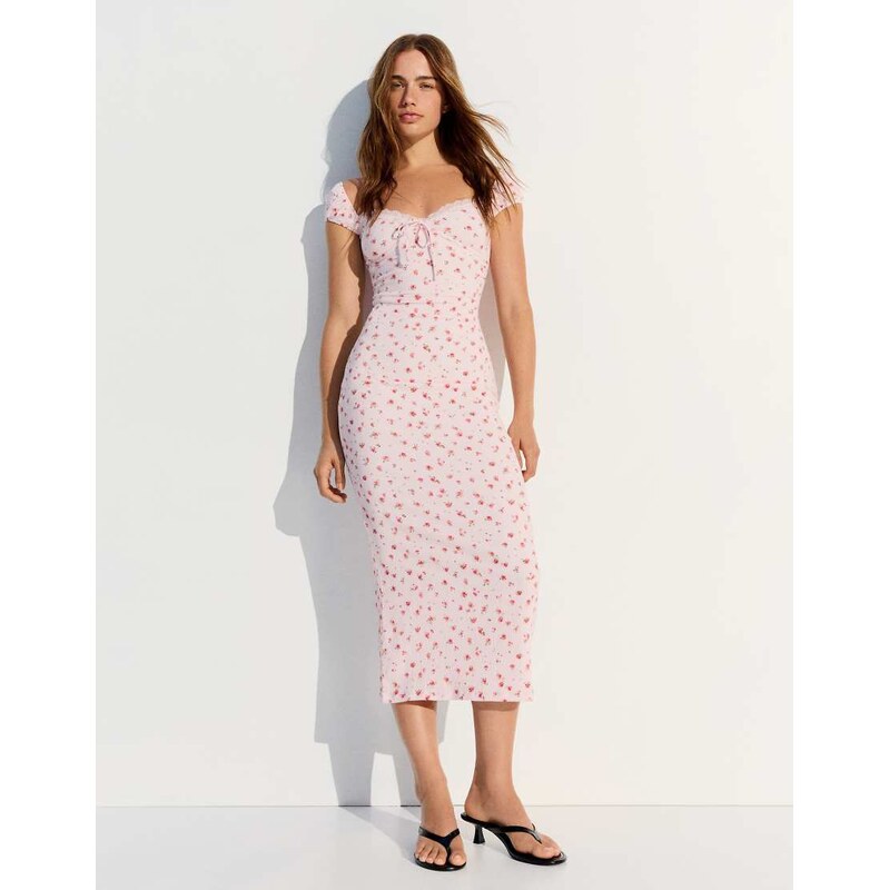 Bershka Lace crinkle midi dress in pink