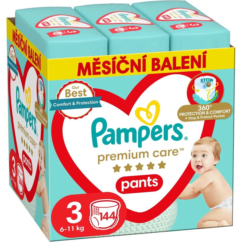 Pampers Premium care 3 Pants, 144ks, 6-11kg (měsíční balení)