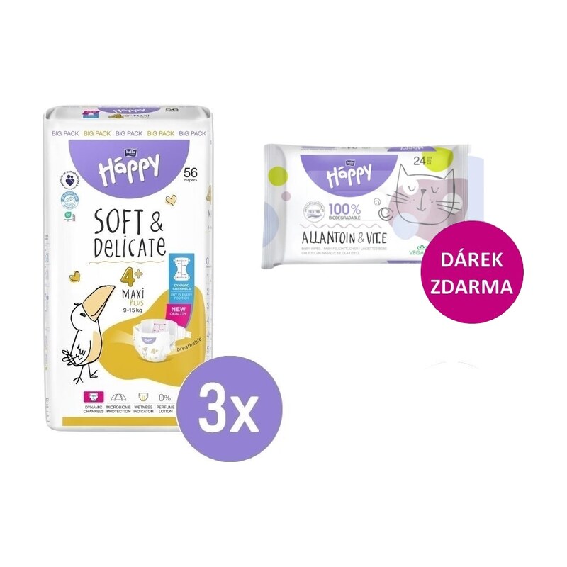 3x Bella Happy 4+ MAXI PLUS Big Pack 9-15kg, 56ks + Bella Happy
