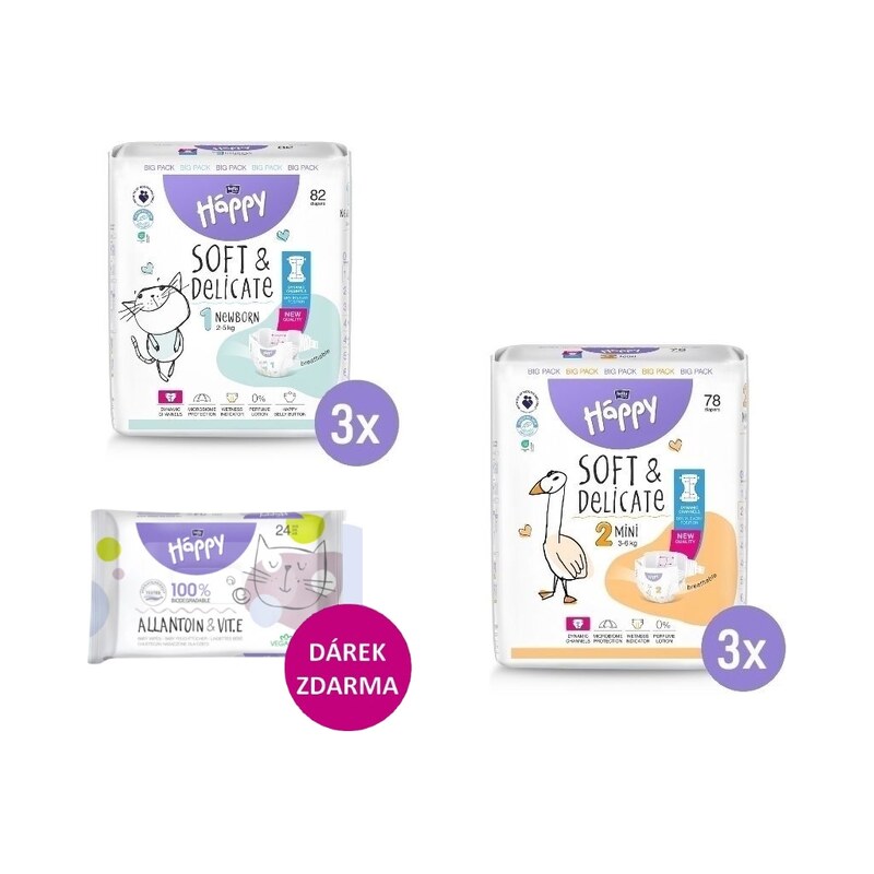 3x Bella Happy 1 NEWBORN Big Pack 2-5 kg, 82ks + 3x Bella Happy