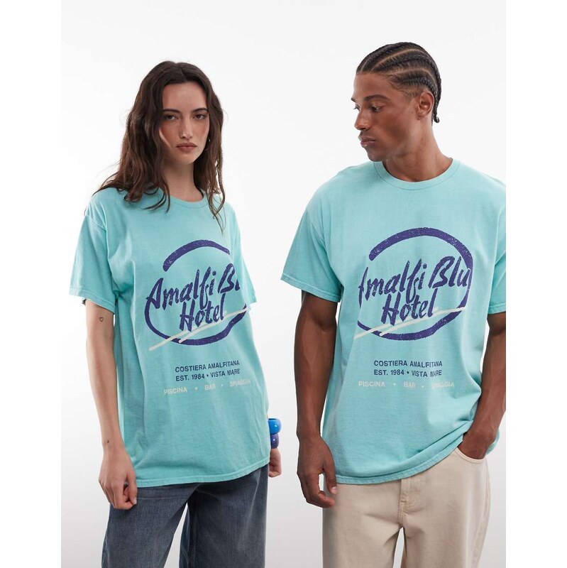 Reclaimed Vintage unisex amalfi slogan t-shirt in teal-Blue