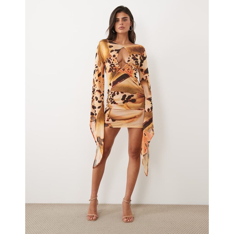 ASOS DESIGN printed mesh cape sleeve mini dress with plunging