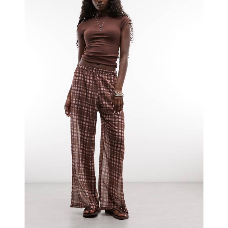 Reclaimed vintage sheer wide leg trouser in red check-Multi