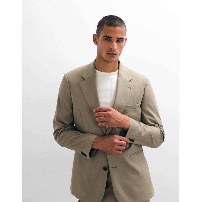 ASOS DESIGN slim suit jacket in khaki pinstripe-Green