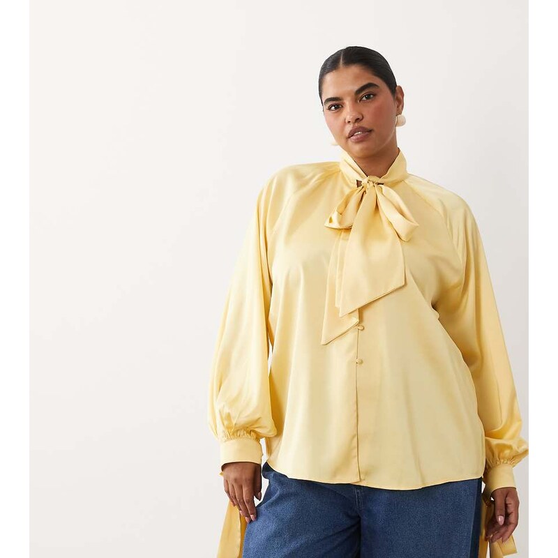 ASOS Curve ASOS DESIGN Curve satin tie cuff tie neck button down