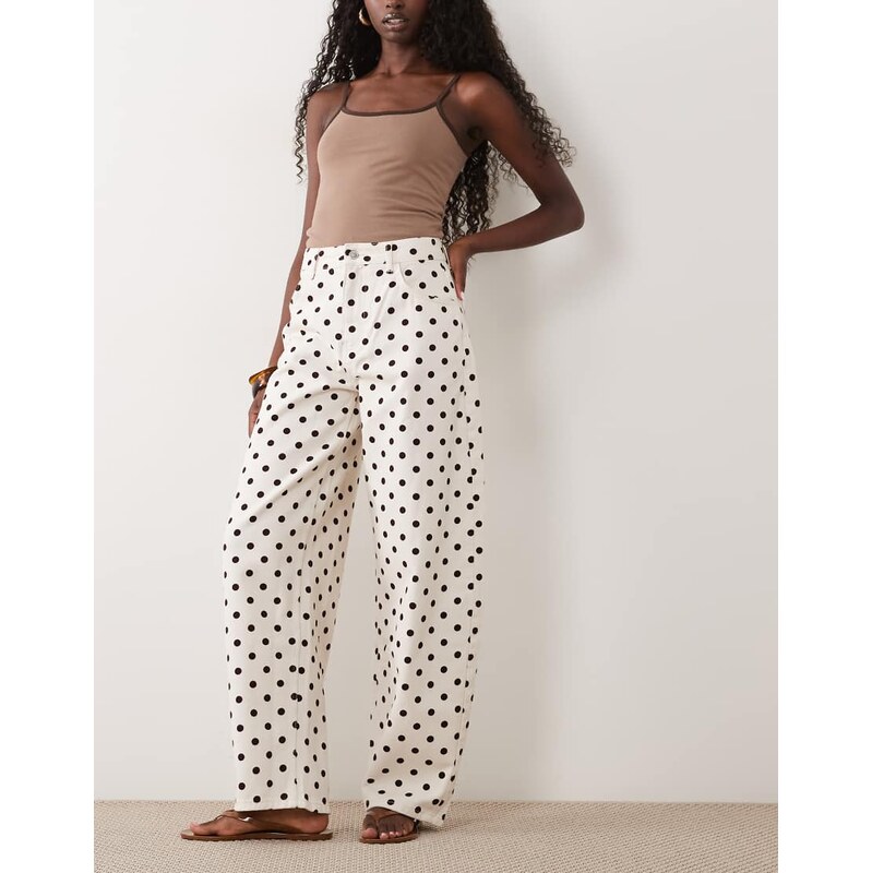 Miss Selfridge barrel leg jean in ecru polka dot-Multi