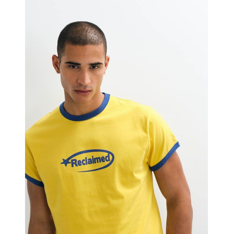 Reclaimed Vintage contrast ringer slogan t-shirt in yellow