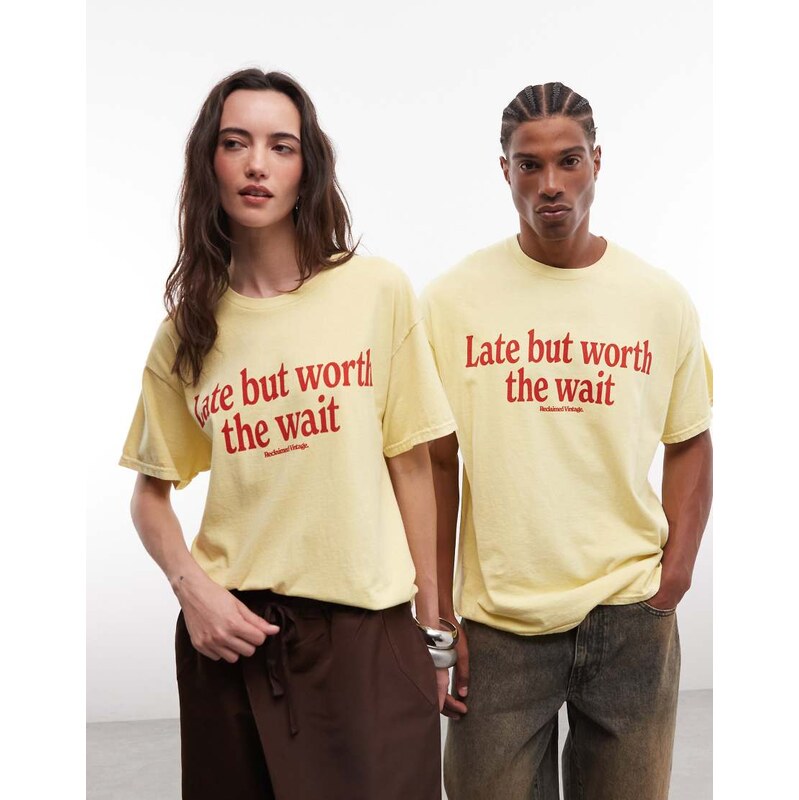 Reclaimed Vintage slogan t-shirt in buttermilk-Yellow