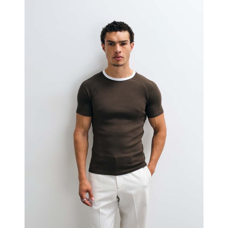 ASOS DESIGN muscle fit raglan ringer t-shirt in brown rib