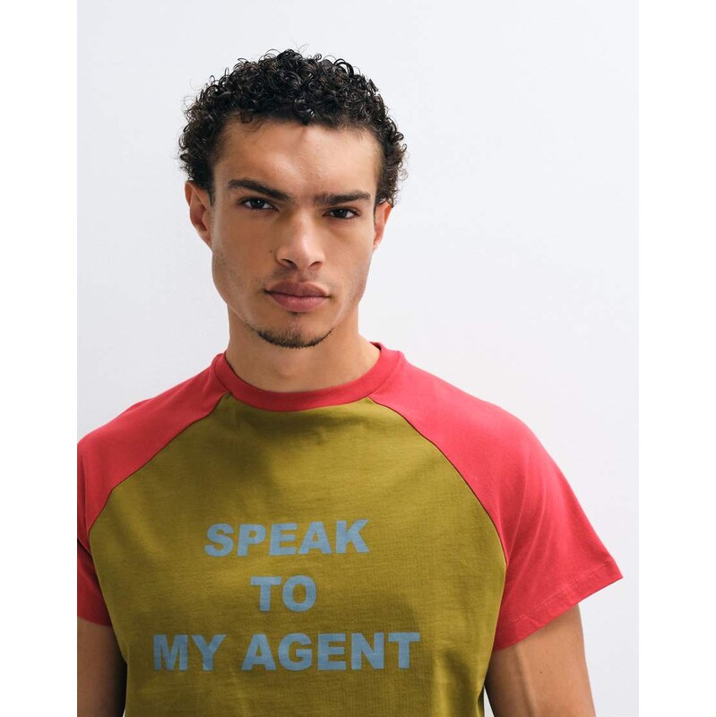 Reclaimed Vintage raglan slogan t-shirt in brown