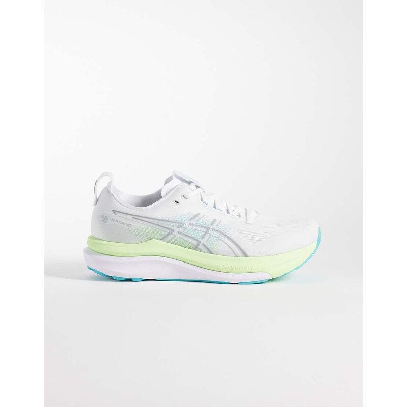 Asics Gel-Kayano 33 running trainers in white and aqua blue