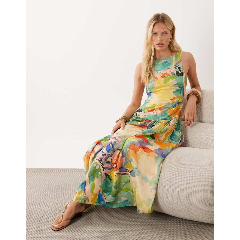 ASOS DESIGN racer maxi dress with cut out back in print-Multi