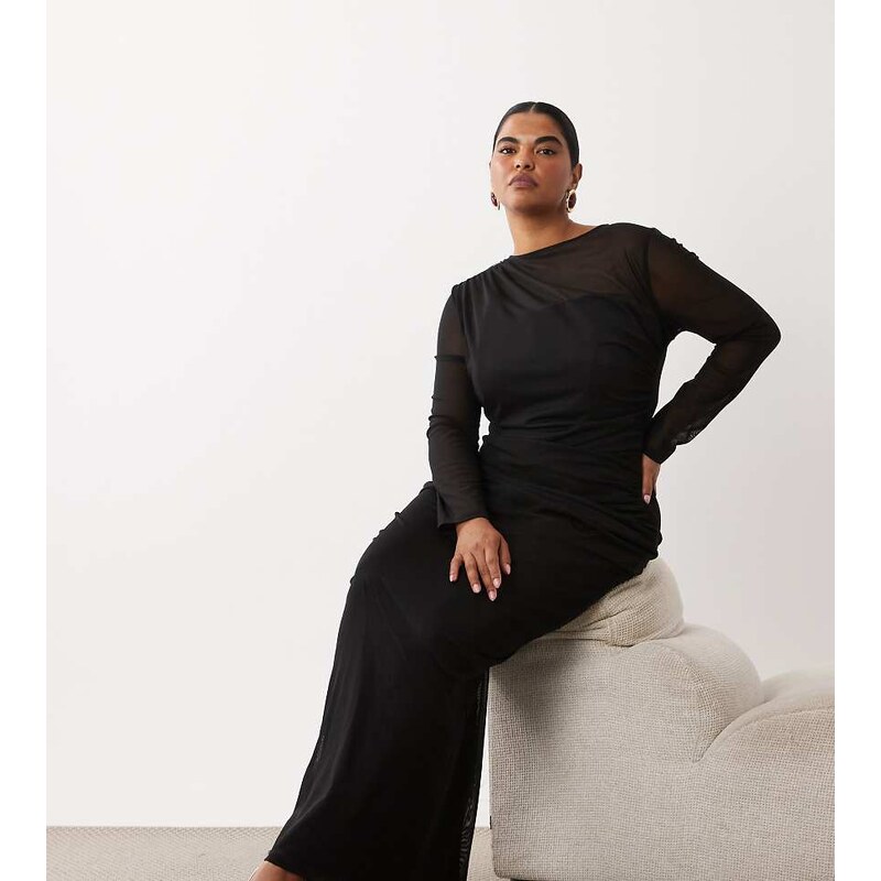 TFNC Plus mesh overlay jersey long sleeve maxi dress in black