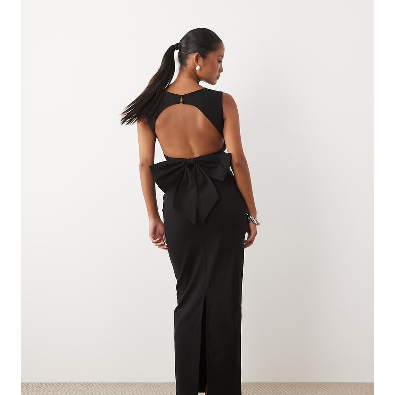 TFNC Petite bengaline slash neck open back bow detail maxi dress
